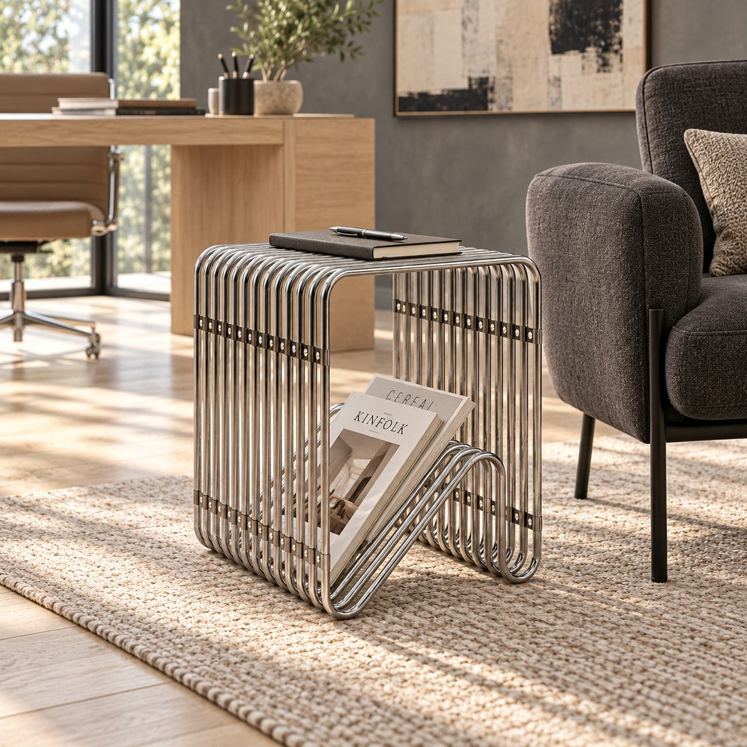 Modern Stainless Steel Side Table with Magazine Holder Space-Saving Design for Living Room and Bedroom