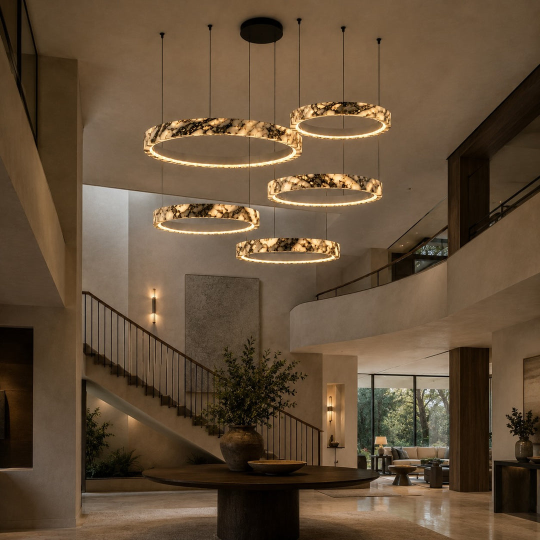 Modern Multi Ring Chandelier Pendant Light Adjustable Natural Marble Integrated LED Illumination