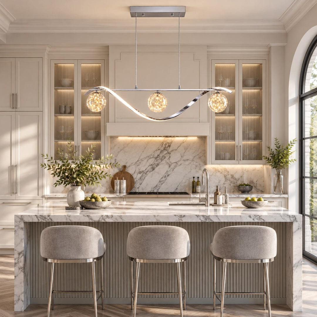 Modern Linear Pendant Light with Adjustable Height Metal Frame and LED Glass Globe Shades for Kitchen Island