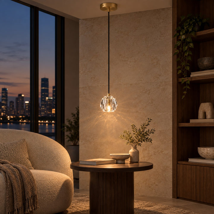 Modern K10 Crystal Pendant Light with Natural Brass – G9 LED, Rod or Cord Suspension