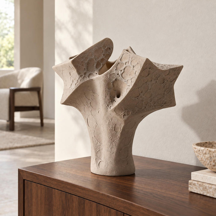 Organic Textured Ceramic Vase Large Sculptural Form 39 cm Neutral Sand Finish