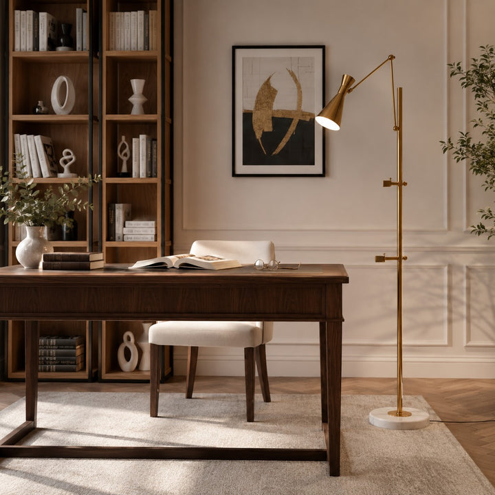 Modern Floor Lamp with Gold Metal Finish and White Marble Base for Living Room Lighting