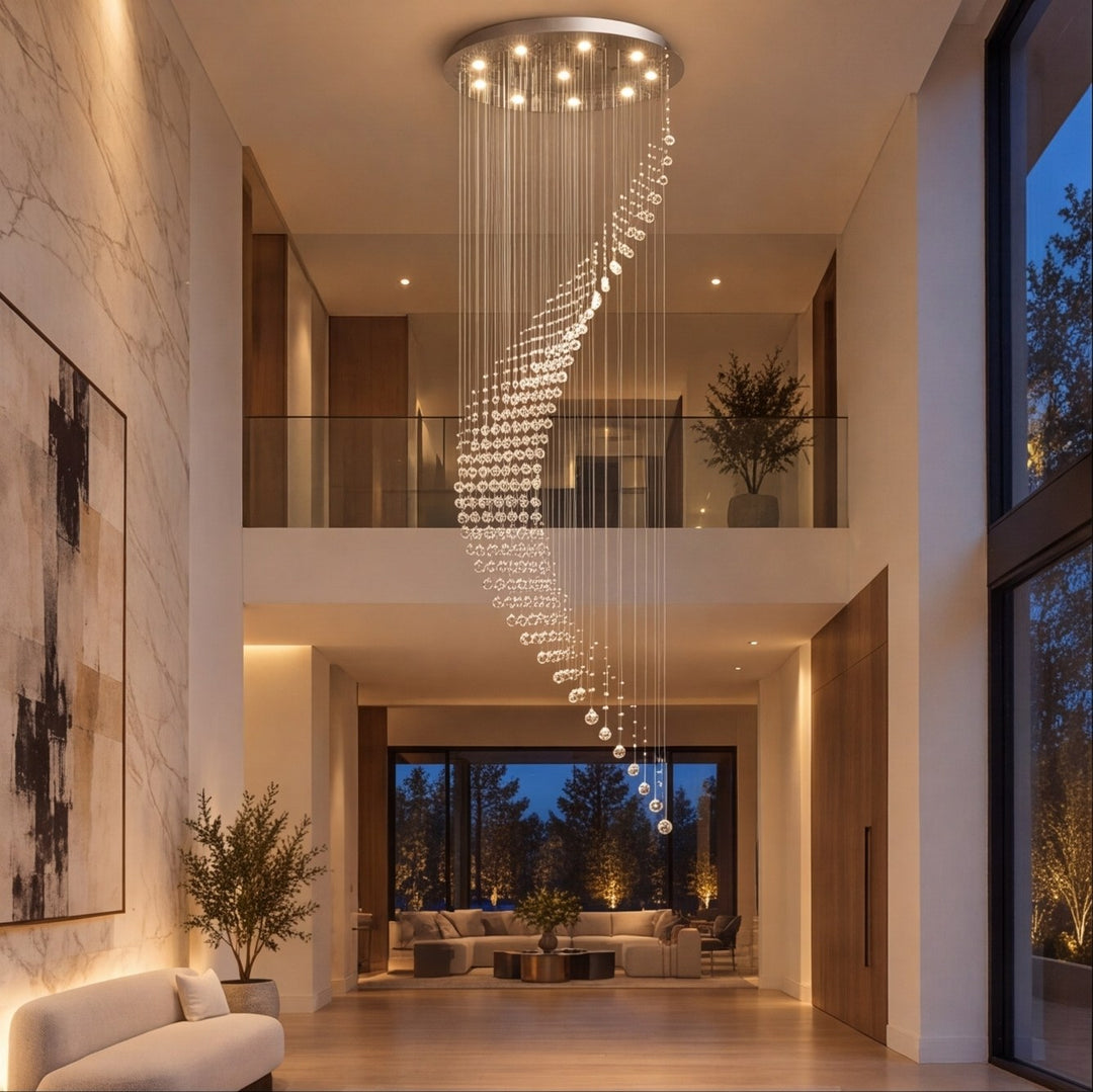 Modern Spiral Crystal Chandelier Adjustable Height Metal Frame 6 to 15 Bulbs for Foyer