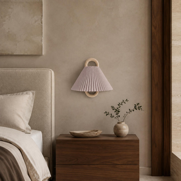 Minimalist Wall Light Wall Mounted Beech Wood Base Fabric Shade LED Soft Ambient Lighting