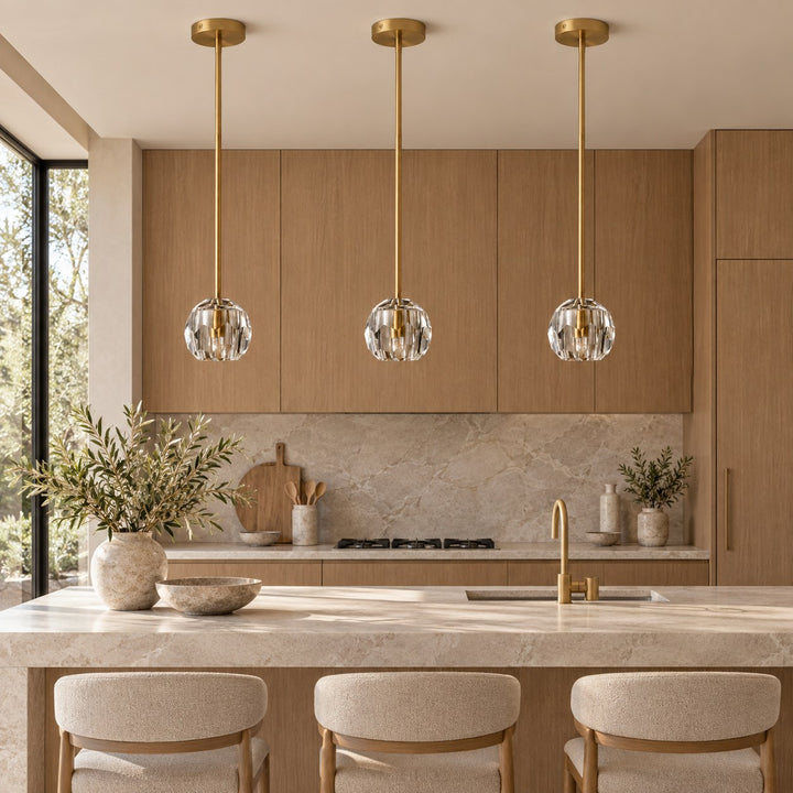 Modern K10 Crystal Pendant Light with Natural Brass – G9 LED, Rod or Cord Suspension