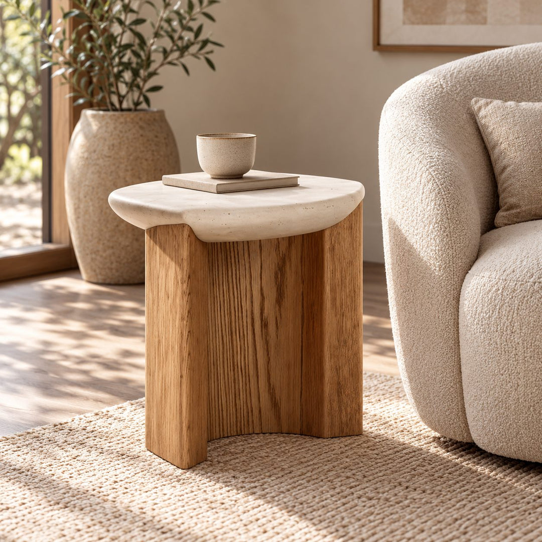 Modern Side Table Irregular Round Shape Solid Wood and Travertine Stone for Contemporary Interiors