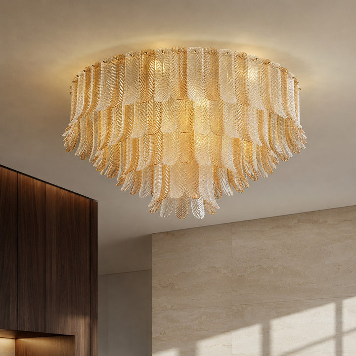 Art Deco Amber Glass Feather Ceiling Light – Brass Flush Mount Chandelier