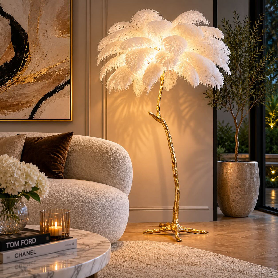 Modern Floor Lamp with Copper Base and Real Ostrich Feathers for Soft Ambient Lighting