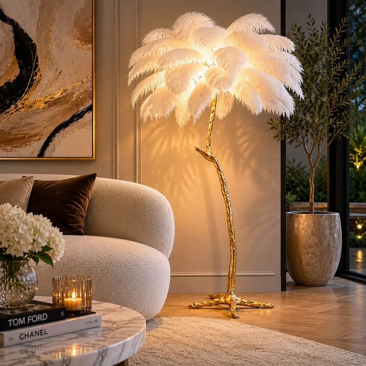 Modern Floor Lamp with Copper Base and Real Ostrich Feathers for Soft Ambient Lighting