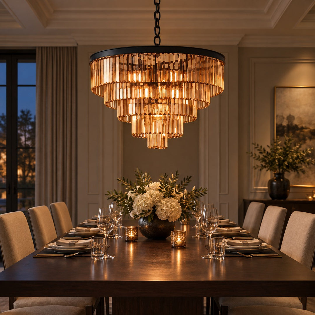 Modern Crystal Chandelier Hanging Light Fixture Metal Frame E12 Bulb Compatible Five or Seven Tiers