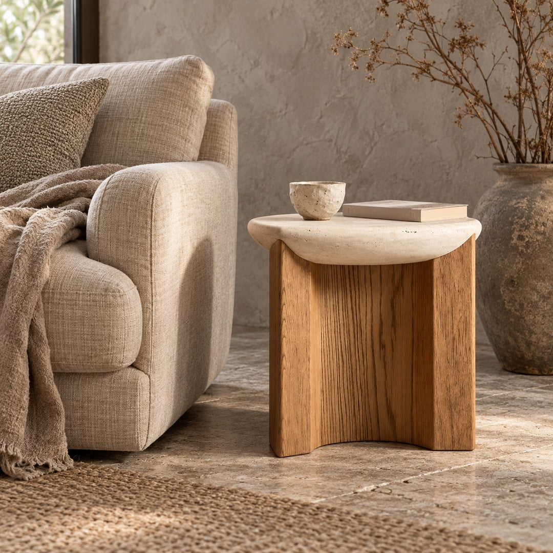 Modern Side Table Irregular Round Shape Solid Wood and Travertine Stone for Contemporary Interiors