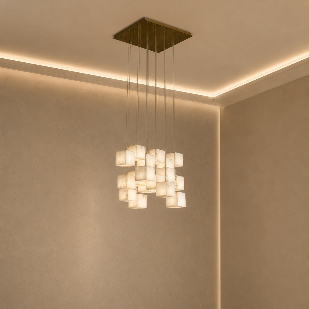 Modern Alabaster Box Pendant Light Hanging Fixture with LED Compatibility and Adjustable Height