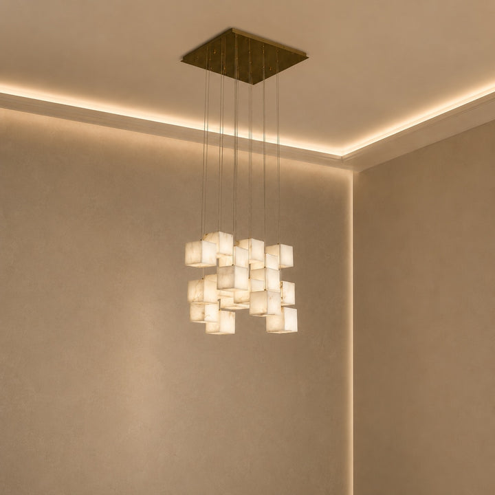 Modern Alabaster Box Pendant Light Hanging Fixture with LED Compatibility and Adjustable Height
