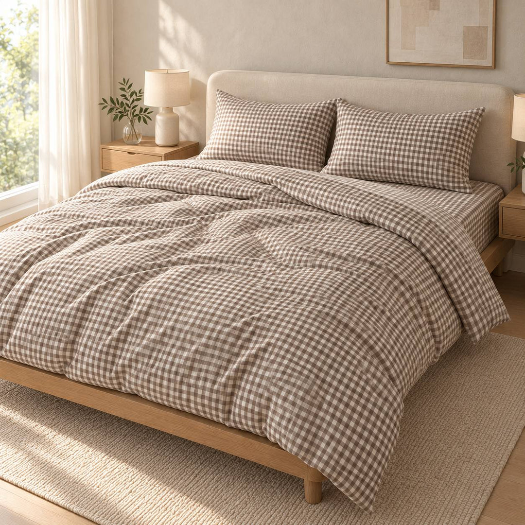 Classic Gingham Bedding Set Cotton Duvet Covers with Invisible Zipper and Corner Ties