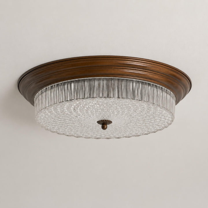 Vintage Brass & Ribbed Glass LED Flush Mount Ceiling Light