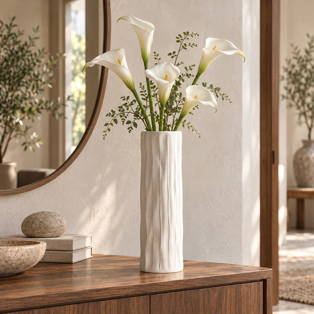 Modern Tall Ceramic Vase Cylinder White Textured Bark-Effect 40 cm for Dried Arrangements