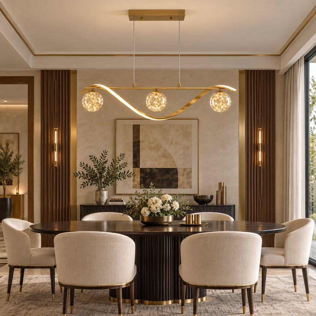 Modern Linear Pendant Light with Adjustable Height Metal Frame and LED Glass Globe Shades for Kitchen Island