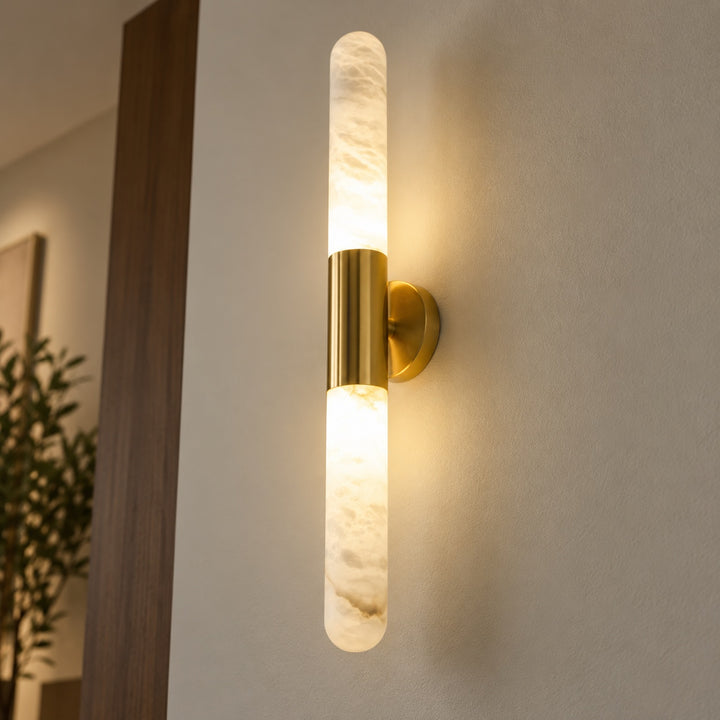 Modern Alabaster Wall Light Brushed Metal Fixture Warm White LED Illumination