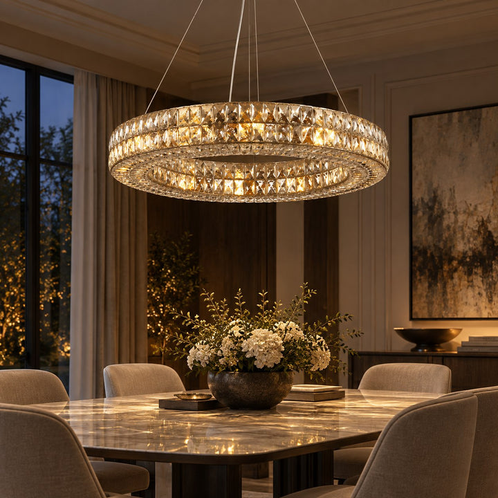 Modern Crystal Chandelier Adjustable Height Gold Metal Frame LED Lighting 9 to 16 Lights
