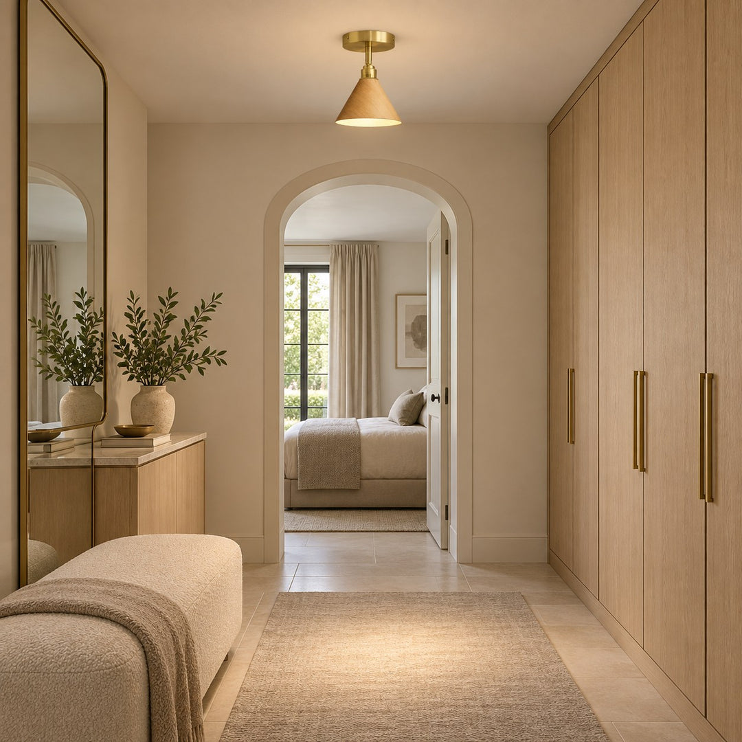 Modern Semi-Flush Ceiling Light Walnut Wood Brushed Brass LED Compatible Indoor Fixture