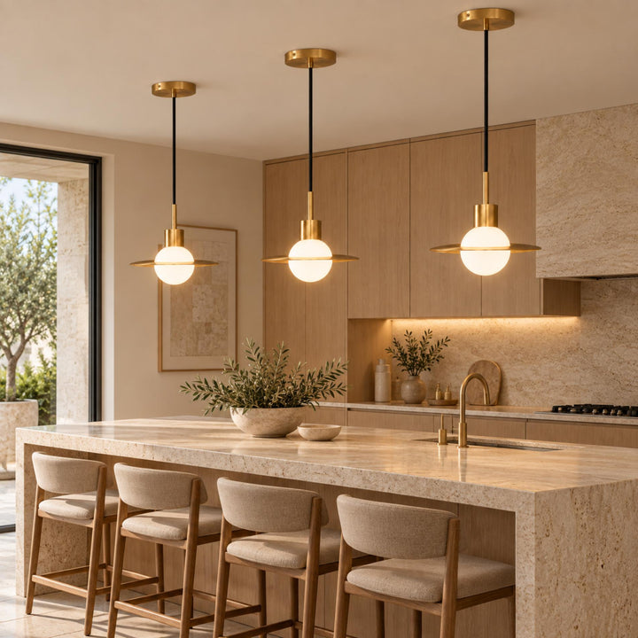 Modern Brass & Glass Globe Pendant Light with Adjustable Disc – 31cm & 42cm
