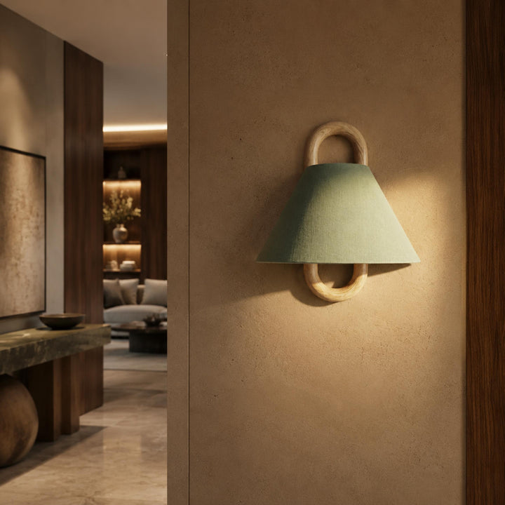 Minimalist Wall Light Wall Mounted Beech Wood Base Fabric Shade LED Soft Ambient Lighting
