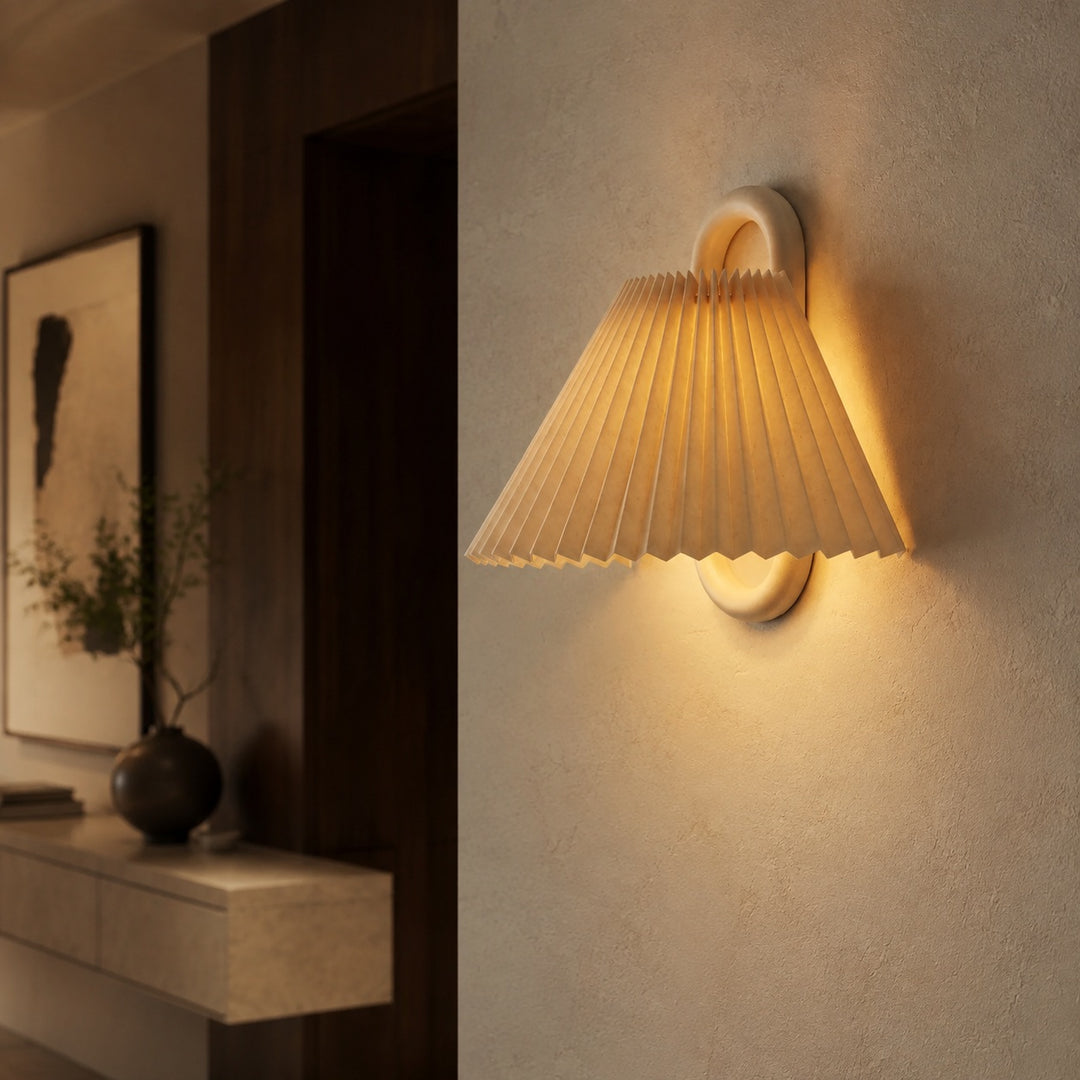 Minimalist Wall Light Wall Mounted Beech Wood Base Fabric Shade LED Soft Ambient Lighting