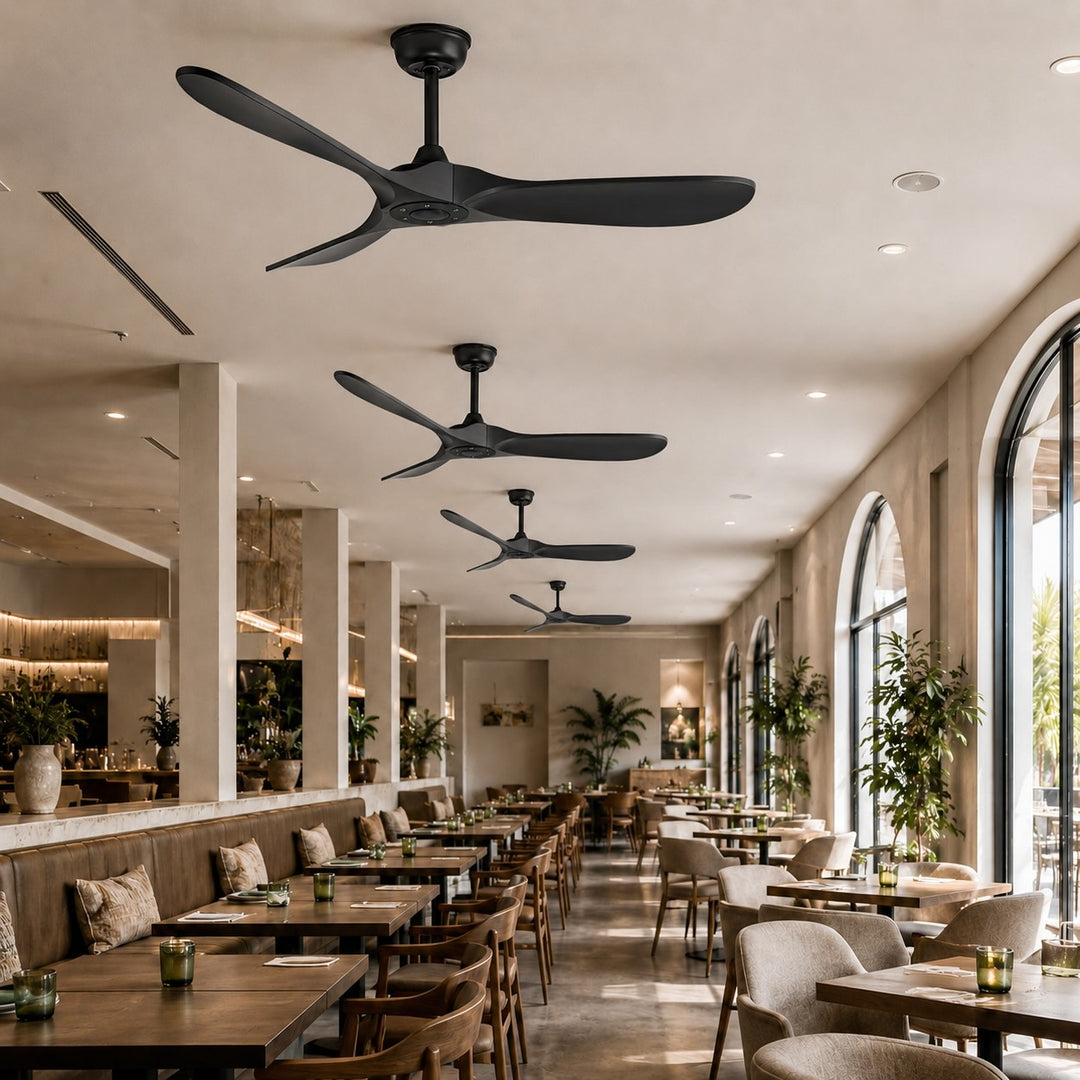 Modern Black Ceiling Fan Flush Mount Metal 6-Speed DC Motor Remote Control Energy Efficient