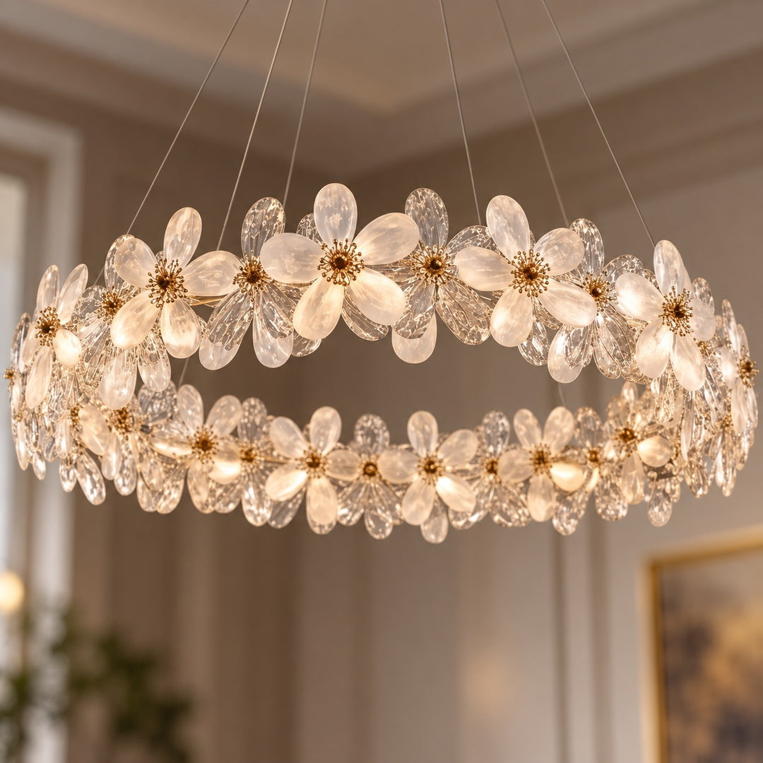 Modern Crystal Chandelier Adjustable Height K9 Crystal LED Hanging Light Fixture with Three Color Temperatures