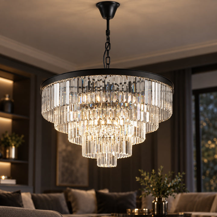Modern Crystal Chandelier Hanging Light Fixture Metal Frame E12 Bulb Compatible Five or Seven Tiers