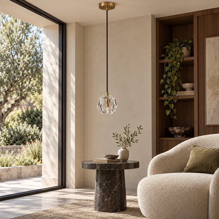 Modern K10 Crystal Pendant Light with Natural Brass – G9 LED, Rod or Cord Suspension