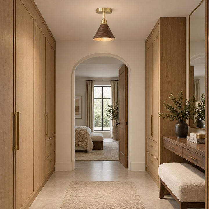 Modern Semi-Flush Ceiling Light Walnut Wood Brushed Brass LED Compatible Indoor Fixture