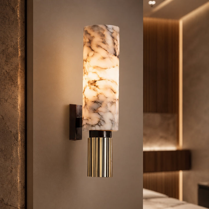 Contemporary Wall Light Wall Mounted Alabaster Cylinder Fluted Copper Base LED Sconce 38cm