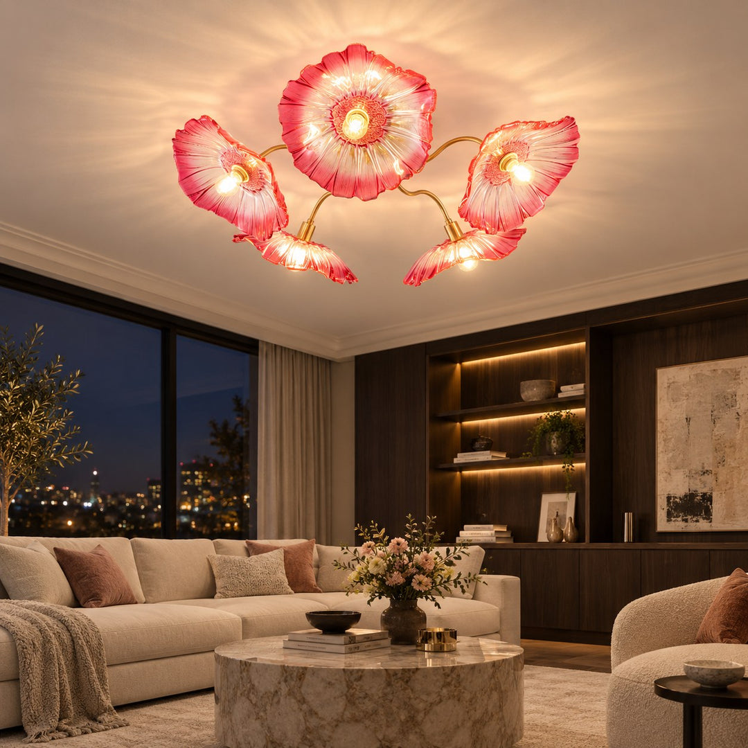 Modern Flush Mount Ceiling Light Fixture with Lotus Leaf Glass Shade and LED Technology