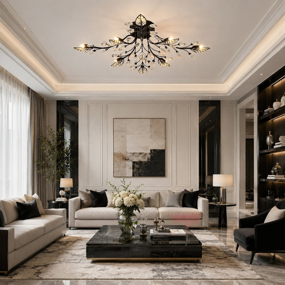 Modern Crystal Chandelier Semi-Flush Mount Iron 8-Light LED Fixture with Elegant Leaf Design