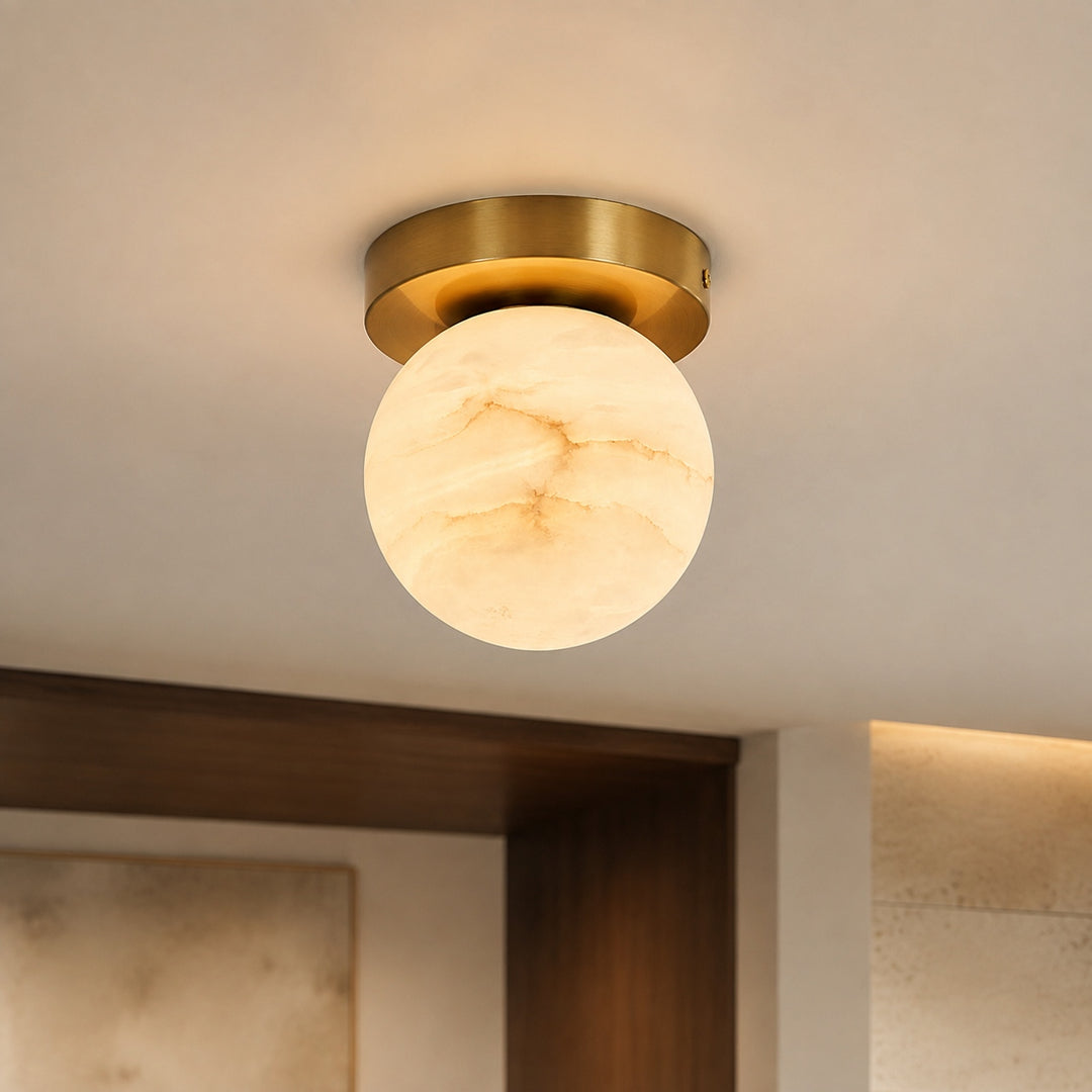 Natural Alabaster Flush Mount Ceiling Light – Modern Brass Finish
