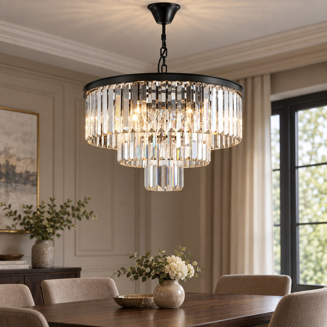 Modern Crystal Chandelier 3-Tier Hanging Light Fixture Black Metal Frame E12 LED Compatible