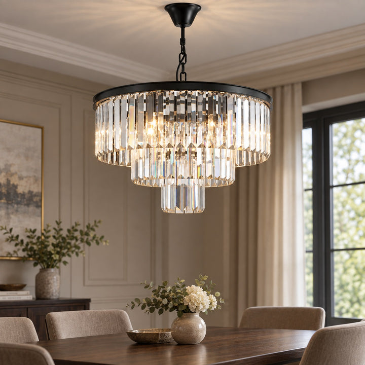 Modern Crystal Chandelier 3-Tier Hanging Light Fixture Black Metal Frame E12 LED Compatible