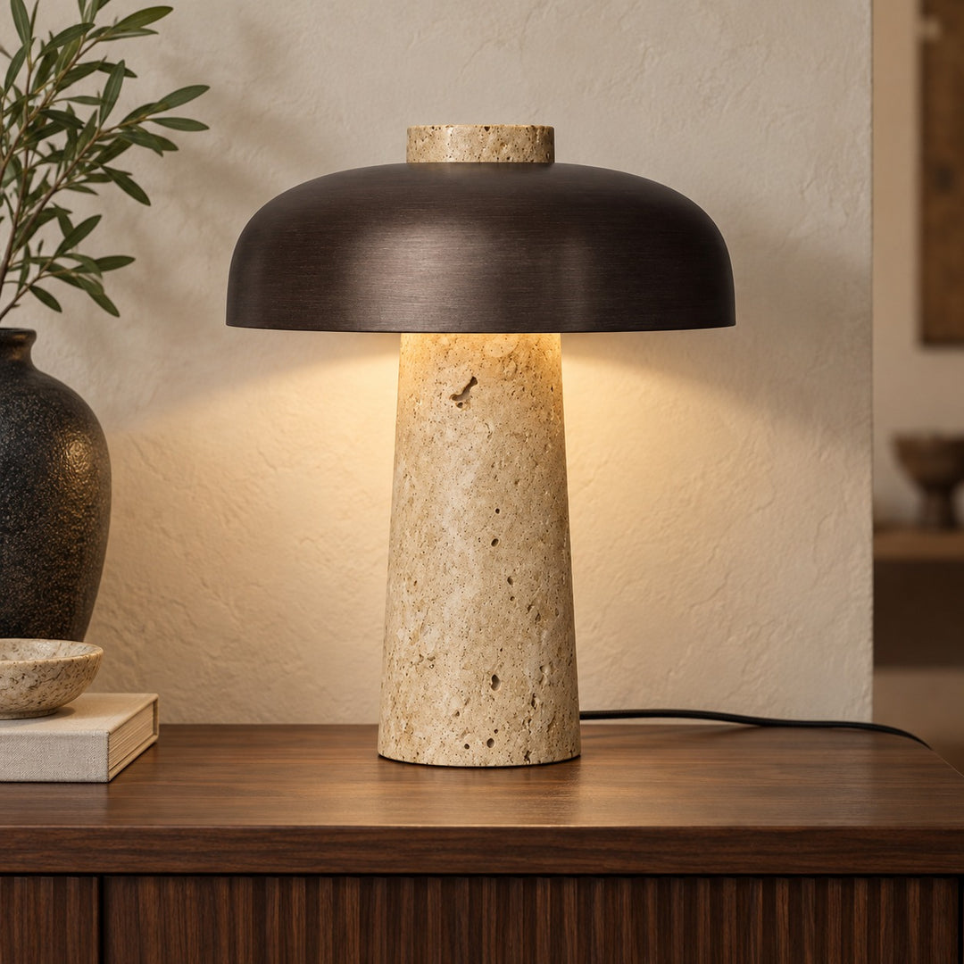 Contemporary Table Lamp Adjustable Height Natural Travertine Base Aluminum Shade Dimmable Design