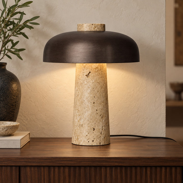 Contemporary Table Lamp Adjustable Height Natural Travertine Base Aluminum Shade Dimmable Design