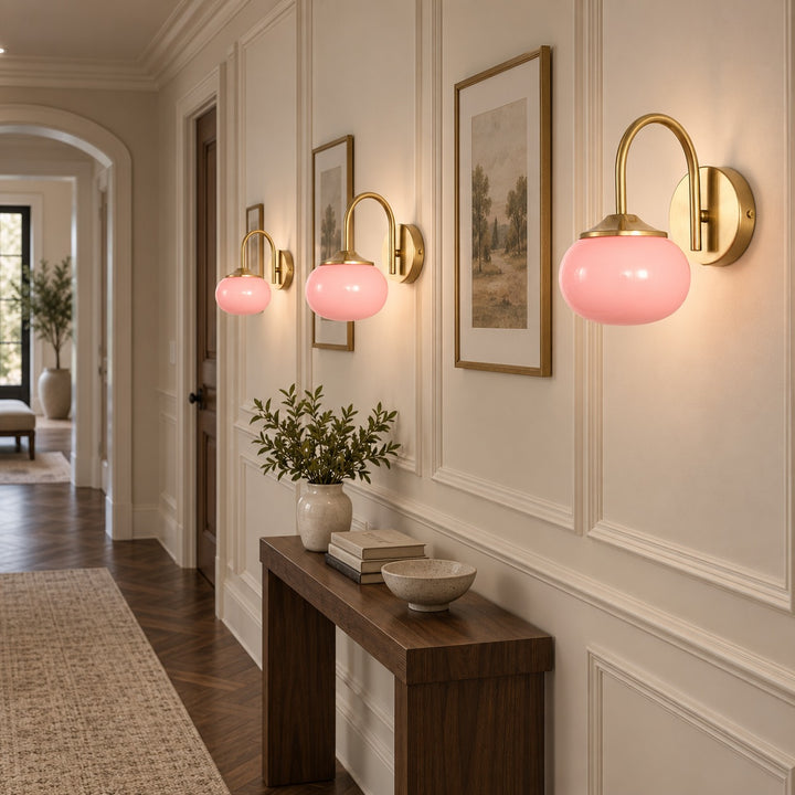 Modern Wall Light Copper Fixture with Pink Glass Shade for Indoor LED Bulbs