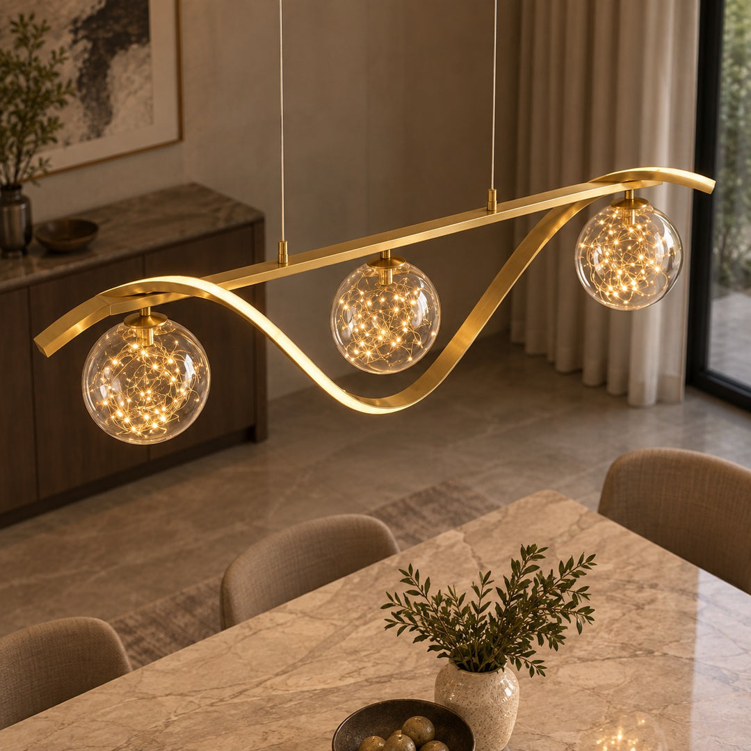 Modern Linear Pendant Light with Adjustable Height Metal Frame and LED Glass Globe Shades for Kitchen Island