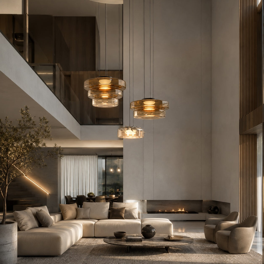 Modern Glass Pendant Light Hanging Fixture with Adjustable Height Dimmable LED and Iron Finish