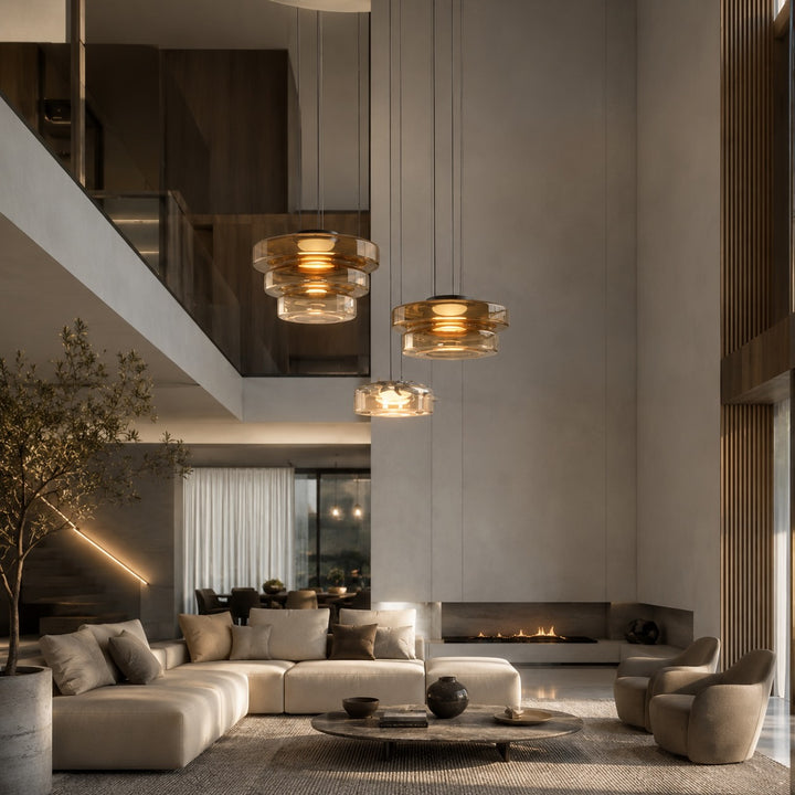 Modern Glass Pendant Light Hanging Fixture with Adjustable Height Dimmable LED and Iron Finish