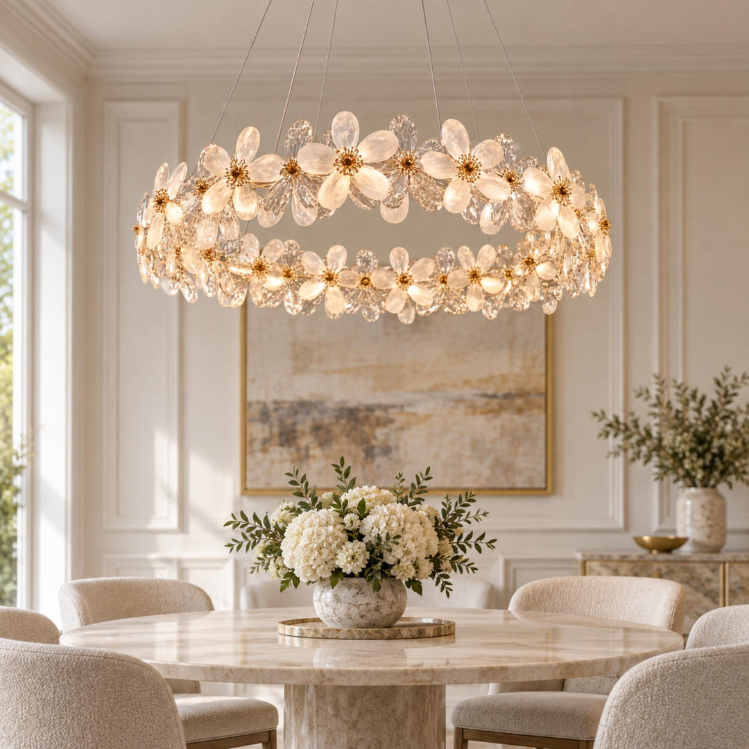 Modern Crystal Chandelier Adjustable Height K9 Crystal LED Hanging Light Fixture with Three Color Temperatures
