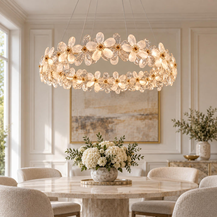Modern Crystal Chandelier Adjustable Height K9 Crystal LED Hanging Light Fixture with Three Color Temperatures