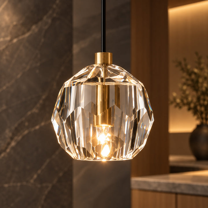 Modern K10 Crystal Pendant Light with Natural Brass – G9 LED, Rod or Cord Suspension