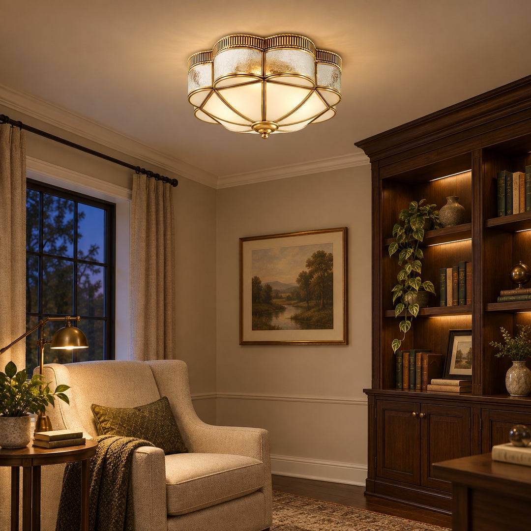 Modern Brass Flush Mount Ceiling Light with Frosted Glass Shade LED Compatible for Indoor Use