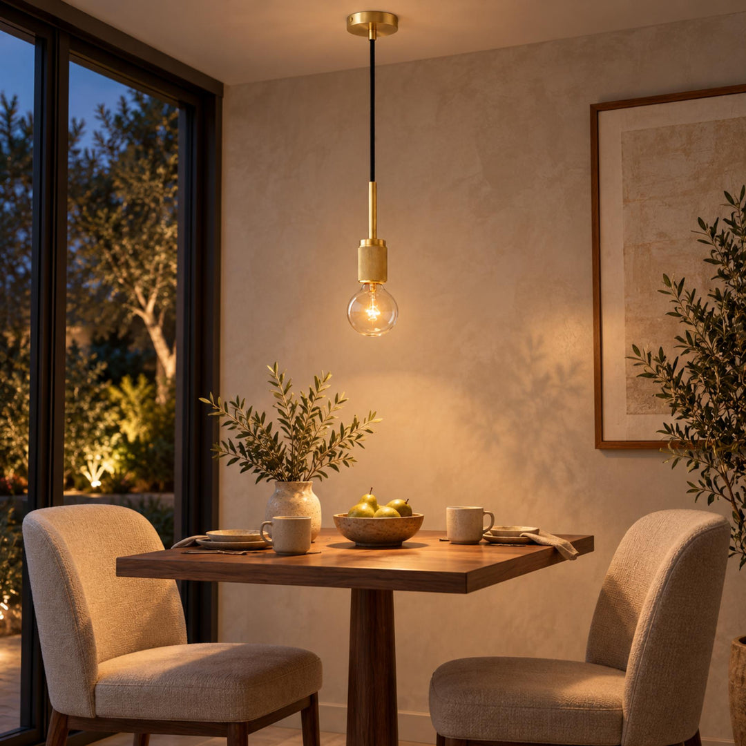 Modern Brass Pendant Light with Exposed E27 Bulb – Minimalist Ceiling Light