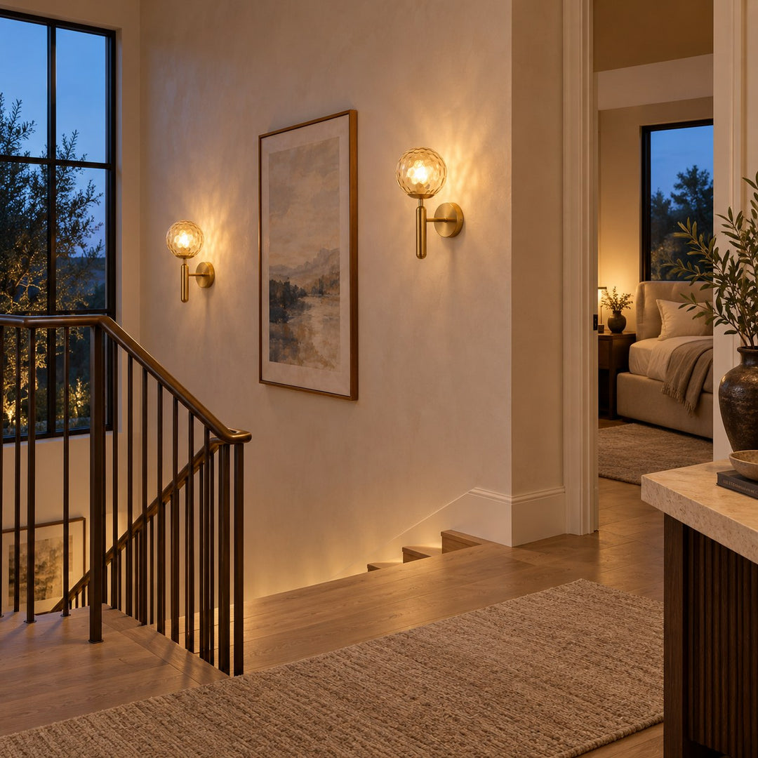 Modern Brass & Textured Glass Globe Wall Sconce | G9 Indoor Wall Light
